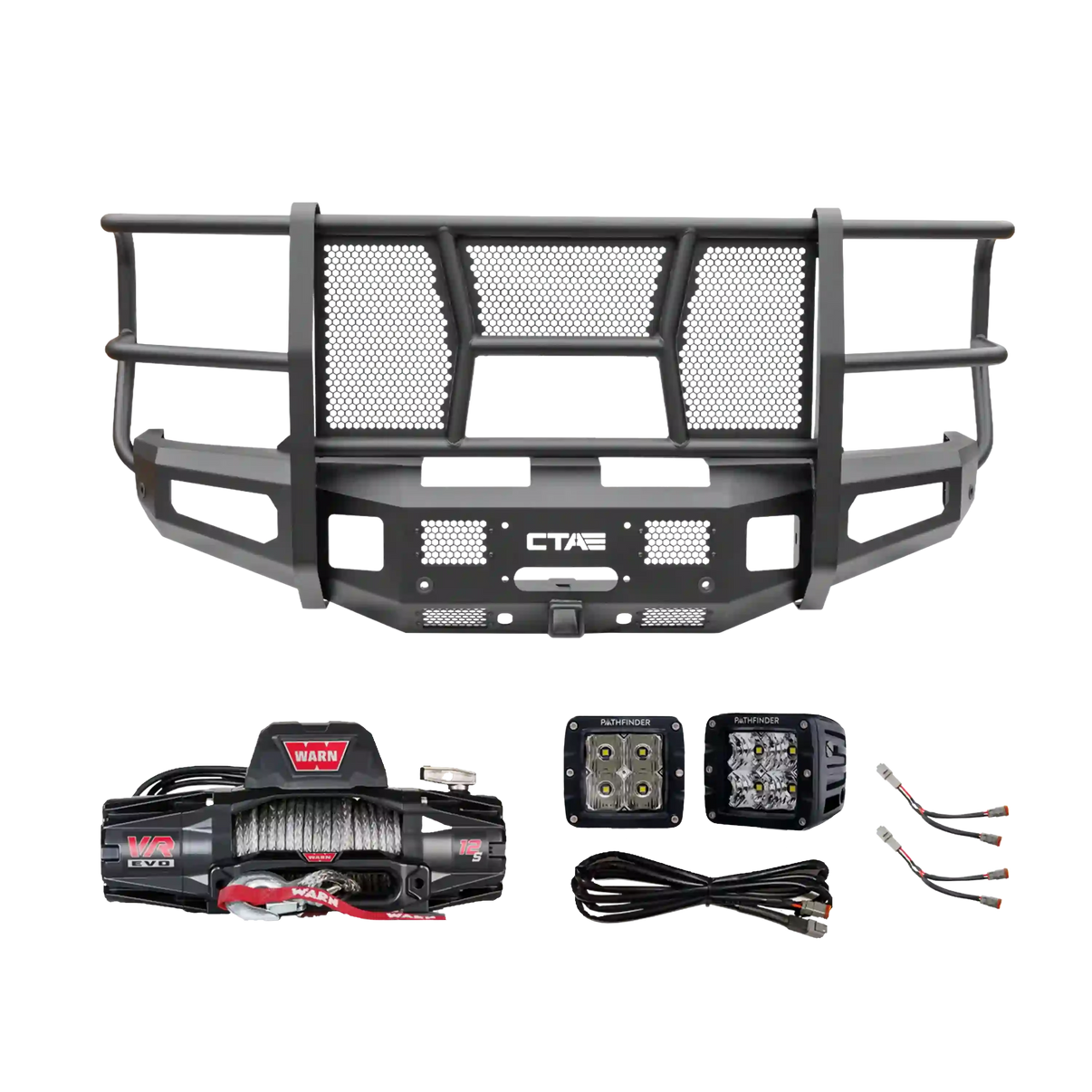 2023+ Ford F250 F350 Full Guard Front Bumper kit bundle from Chandler Truck Accessories including Pathfinder LED off road pod lights and Warn VR Evo 12s winch