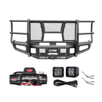 2023+ Ford F250 F350 Full Guard Front Bumper kit bundle from Chandler Truck Accessories including Pathfinder LED off road pod lights and Warn VR Evo 12s winch