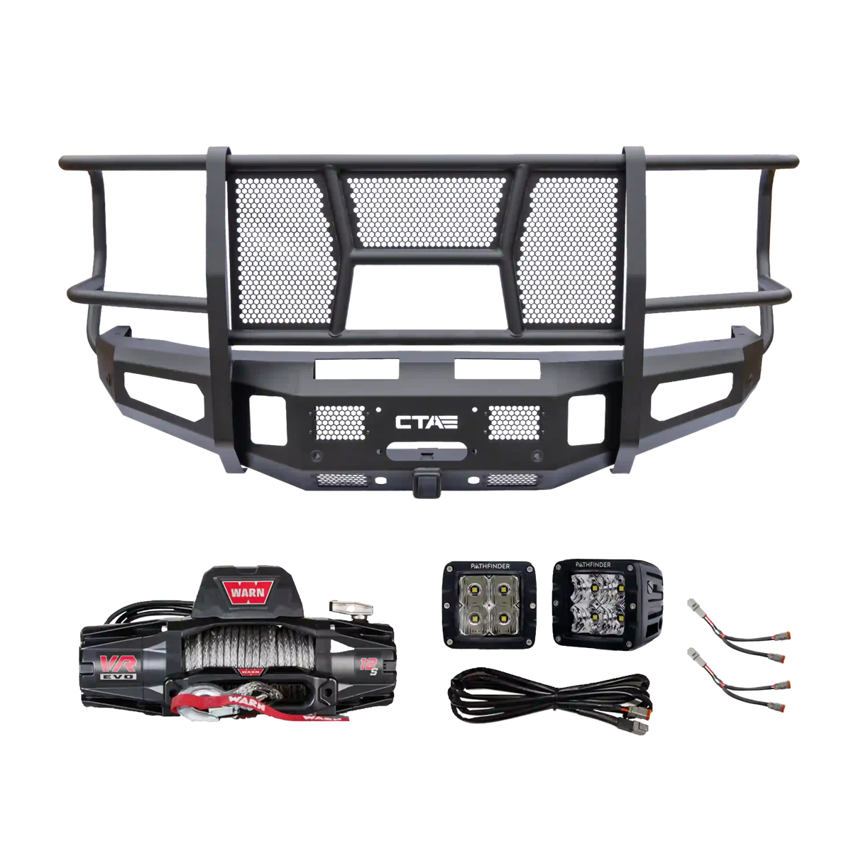 2024+ GMC 2500 3500 Full Guard Front Bumper kit bundle from Chandler Truck Accessories including Pathfinder LED off road pod lights and Warn VR Evo 12s winch