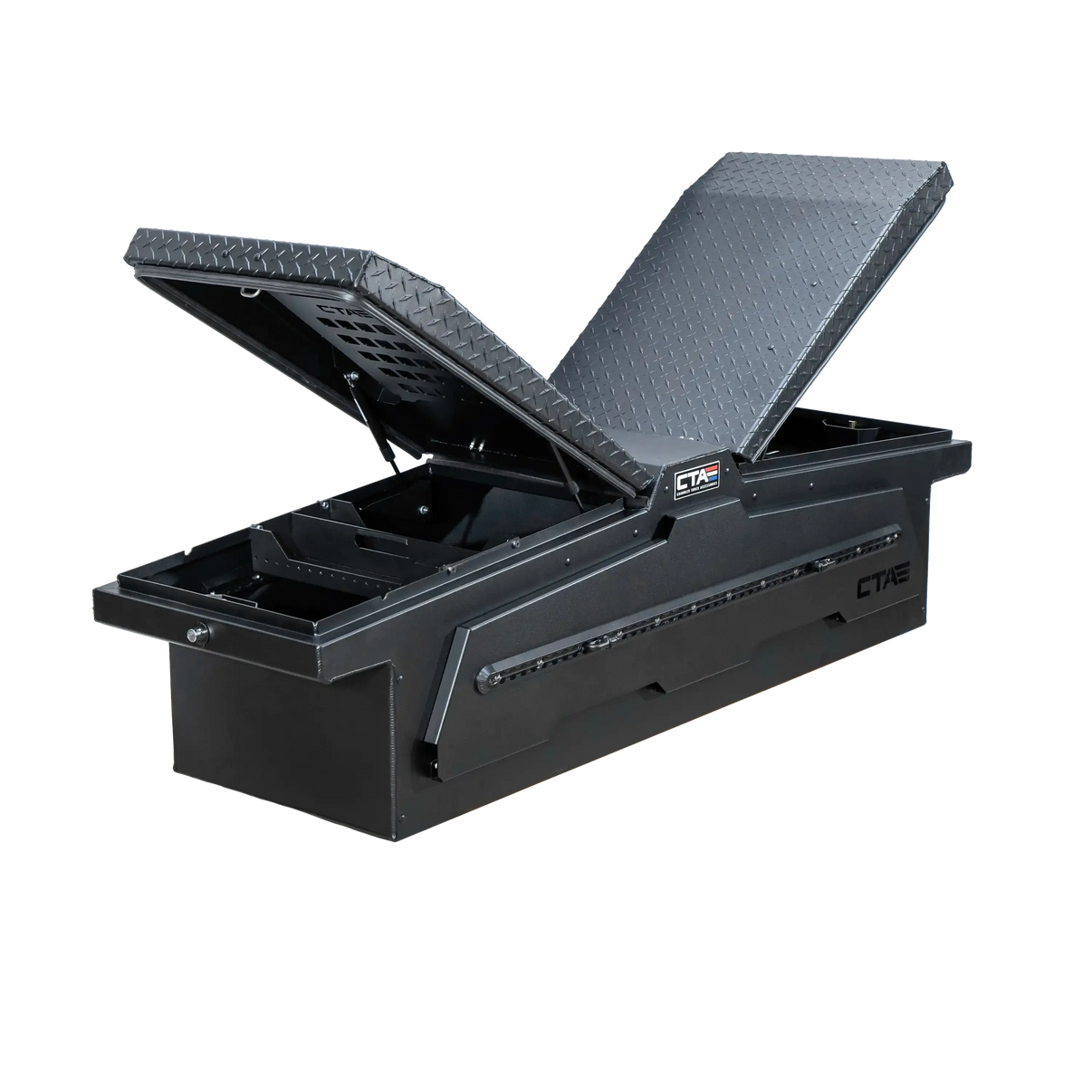 Chandler Truck Accessories ADAPT Gullwing Truck Tool Box in black powder coat with truck bed tool box lids open