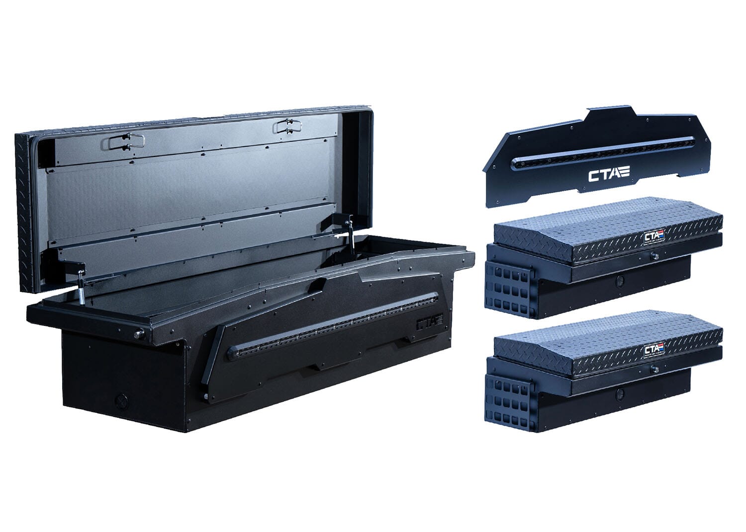 Photo of an ADAPT Single Lid Truck Bed Tool box by Bundle Chandler Truck Accessories . The photo features four truck tool boxes, one of them is open, inside featuring a modular open space, the photo has an entirely white background.