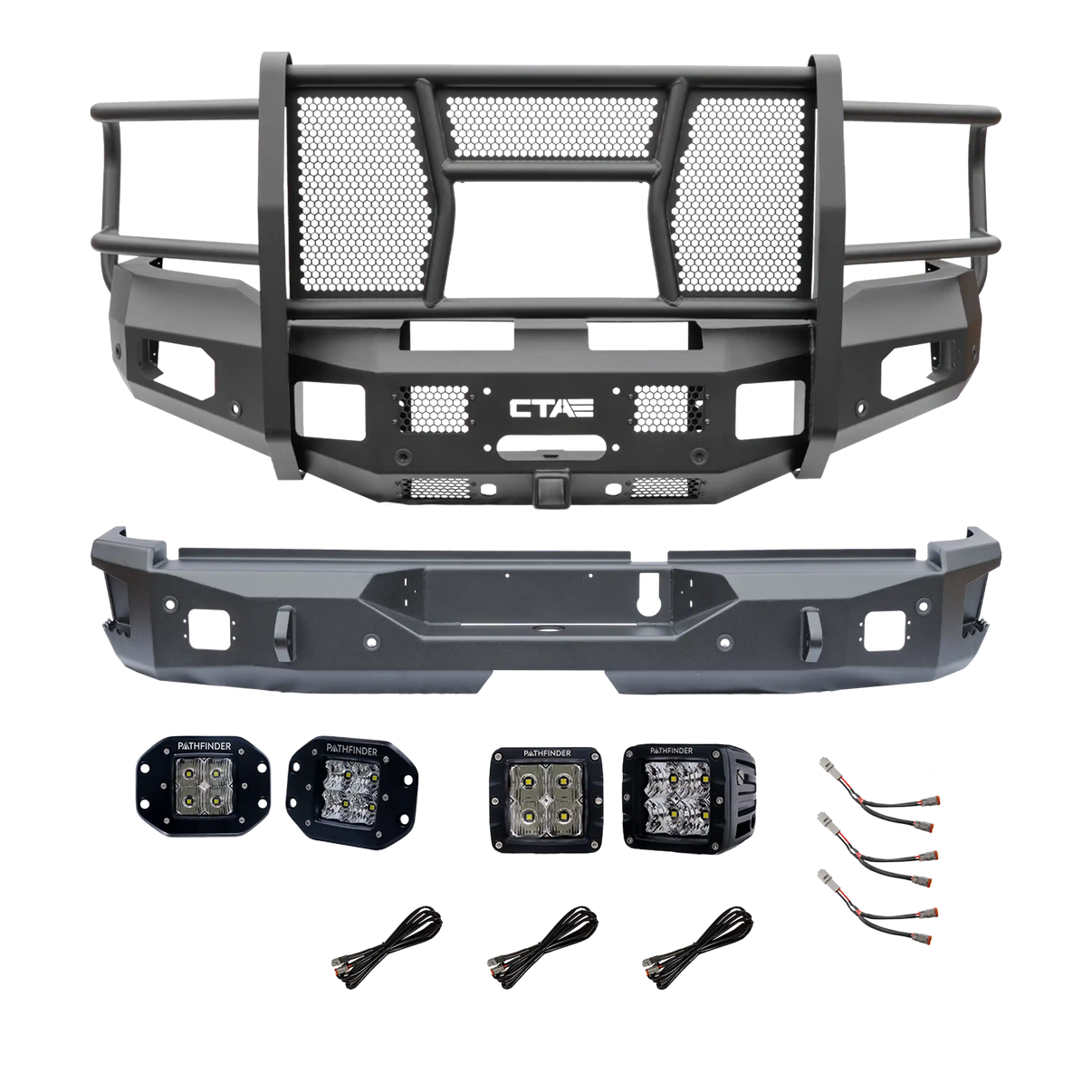 Bundle package including Front bumper, rear bumper, pod lights, and wiring for a Ram 2500 and 3500 truck.