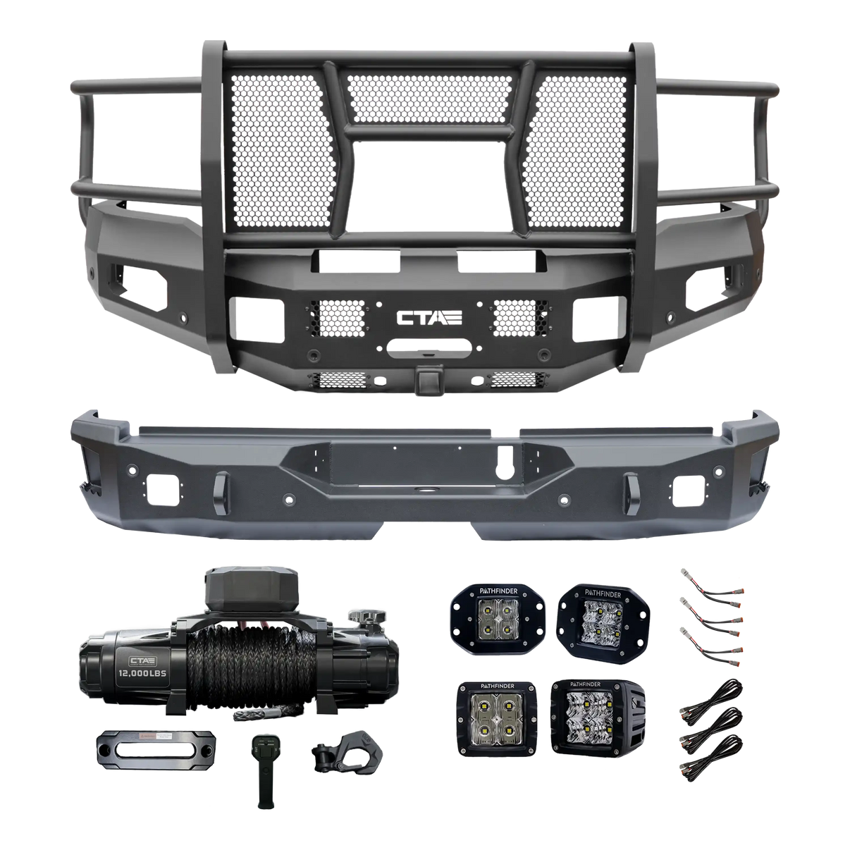 Bundle including front bumper, rear bumper, winch, and lights for Ram 2500 and 3500 trucks.
