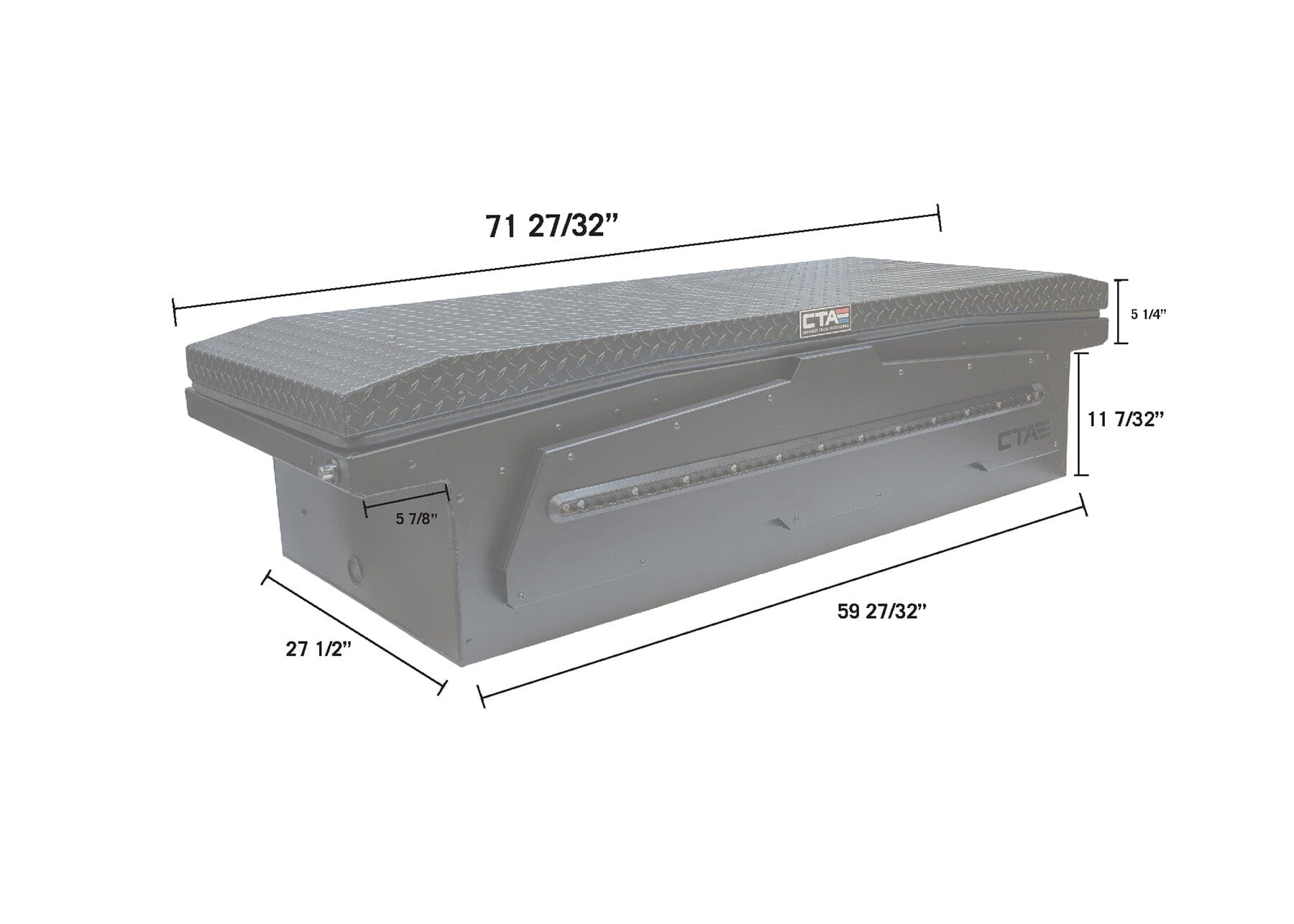 The photo features a photo of a large truck bed storage system with all of the dimensions labeled so you can see how large it is. The tool box is an ADAPT XL Single Lid Truck Toolbox by Chandler Truck Accessories.