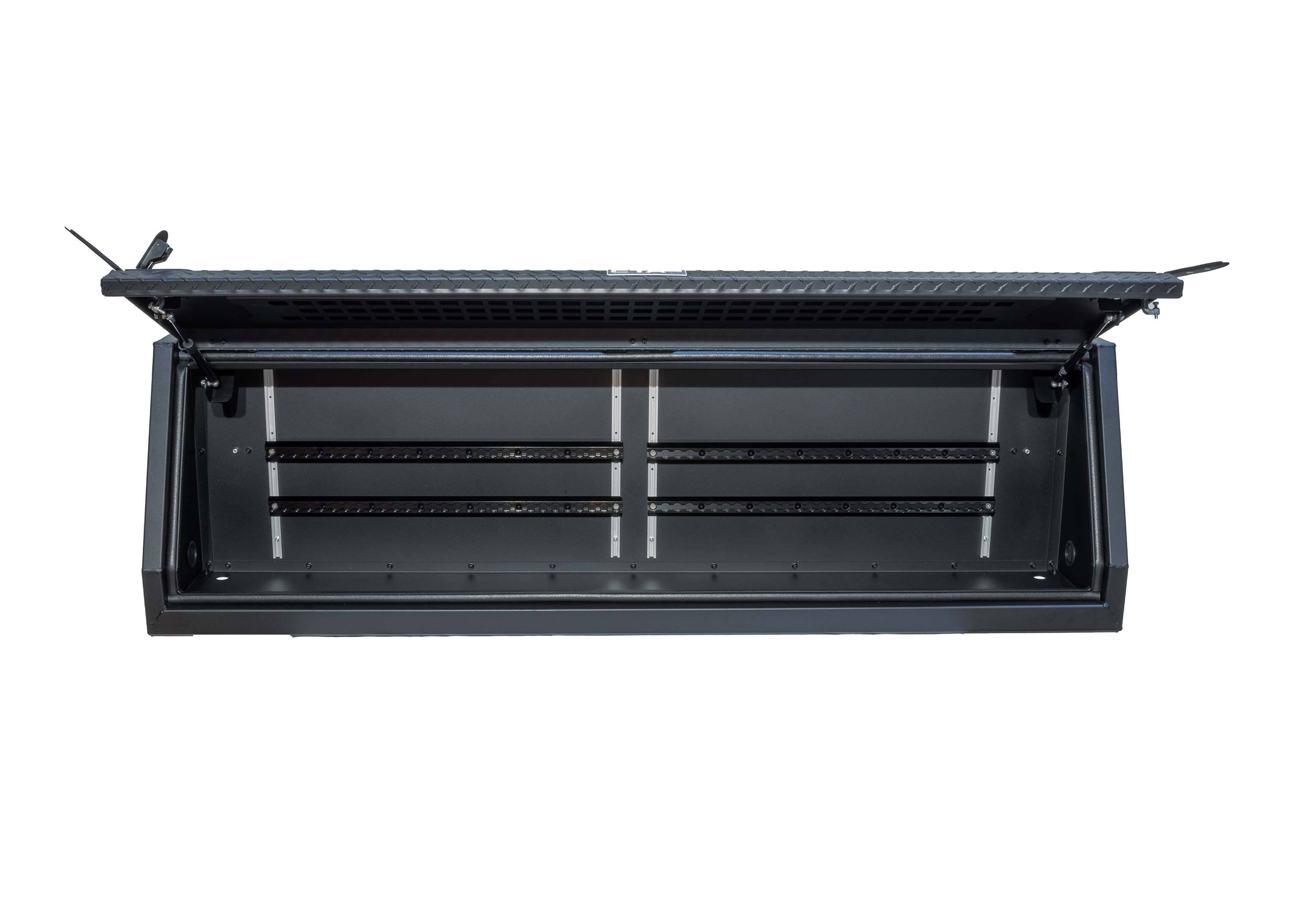 Topdown view of an ADAPT Top Side Truck Toolbox Storage Chandler Truck Accessories. Very organized tool box.