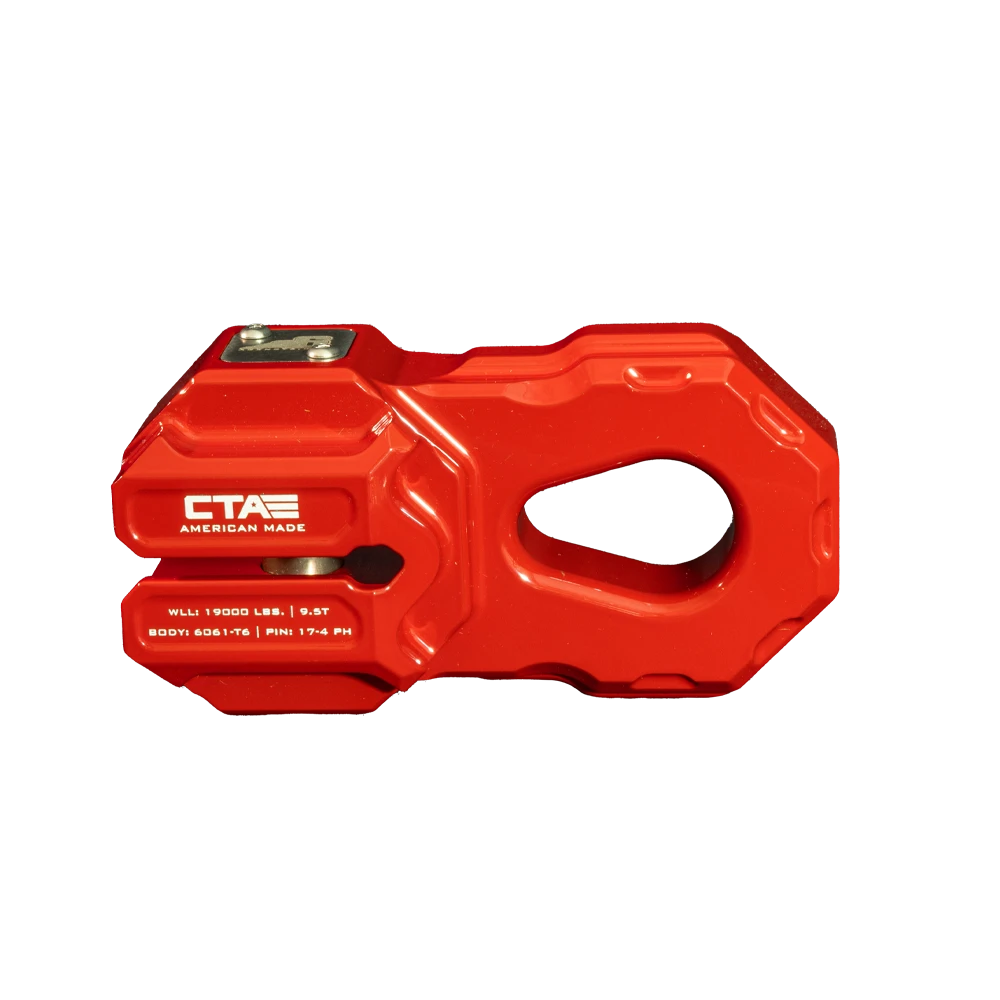 Image showing the front of a Red Chandler Truck Accessories Agency 6 billet aluminum winch shackle